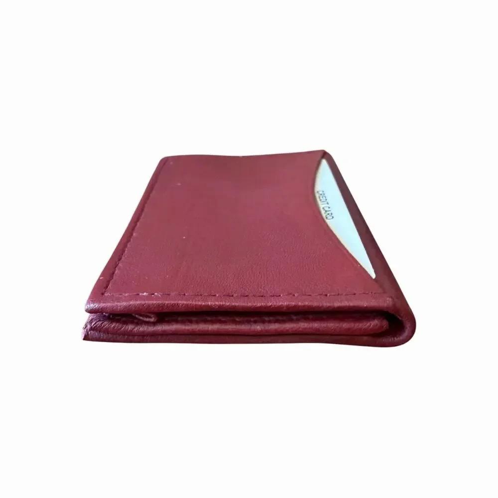 Vintage Genuine Leather Card Holder Burgundy Red ID Credit Card Wallet NOS